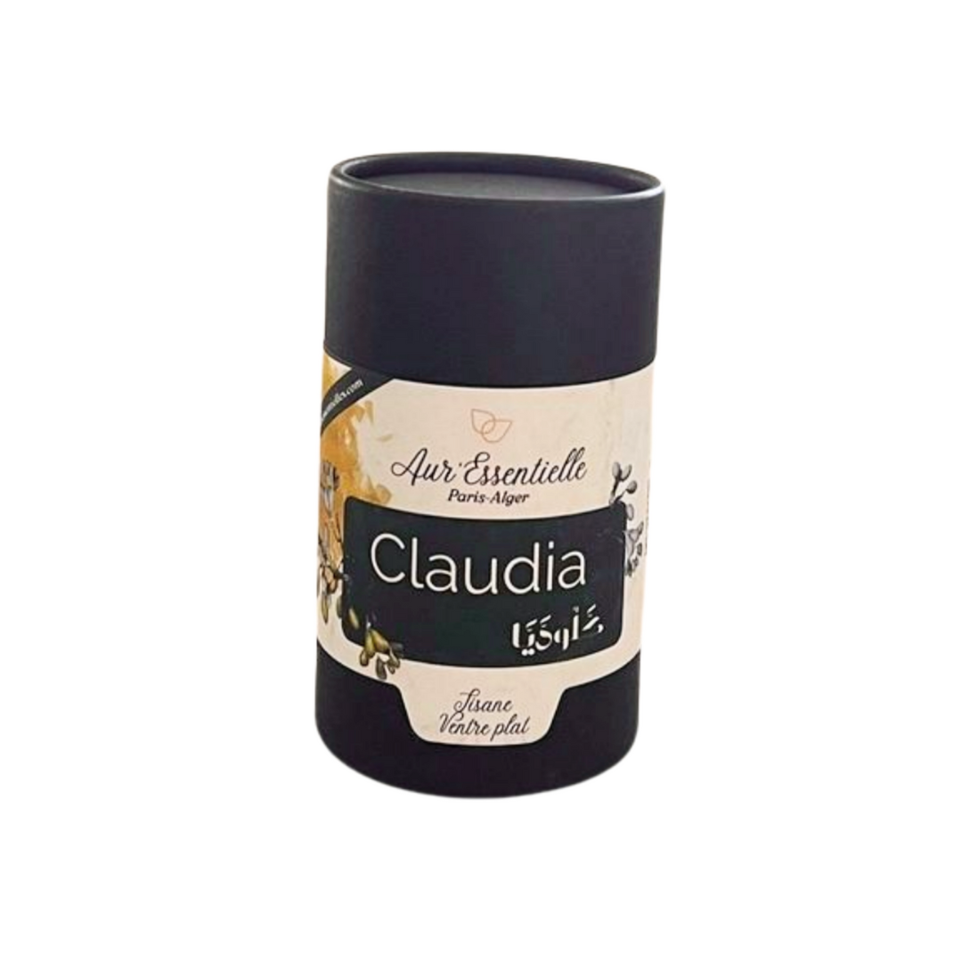 Claudia : Boîte de tisane Claudia d’Aur’essentielle Paris Alger, spécialement formulée pour un ventre plat et pour améliorer la digestion difficile, réduire les ballonnements et stimuler un transit ralenti. Tisane naturelle et bienfaisante fabriquée en France.