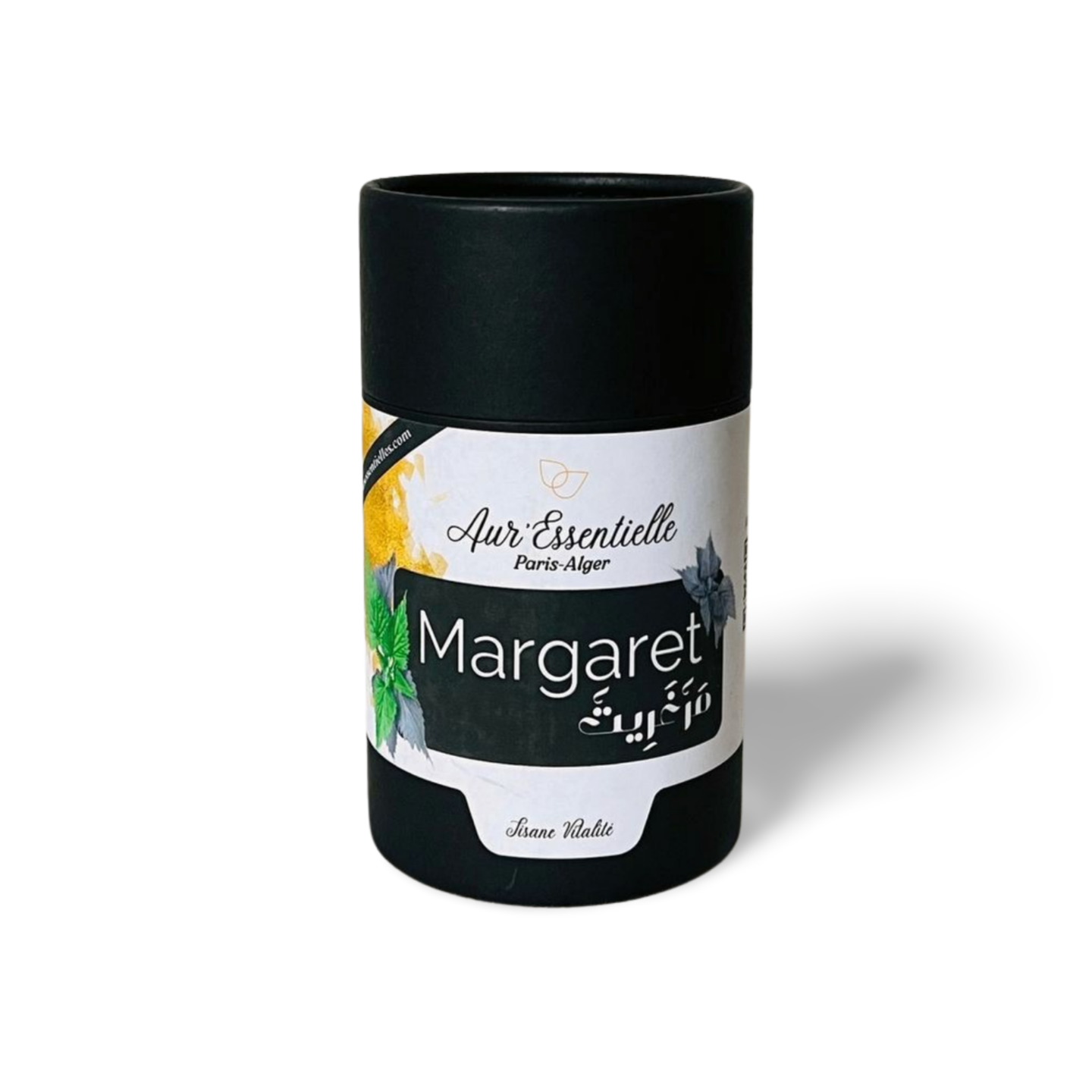 Boîte de tisane Margaret d’Aur’essentielle Paris Alger, conçue pour apporter de l’énergie, combattre la fatigue et offrir de la vitalité grâce à sa richesse en fer. Produit naturel et éthique fabriqué en France.